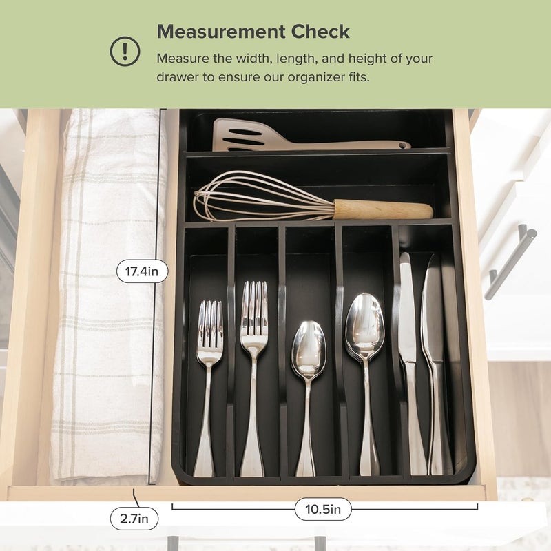 KitchenEdge Silverware Organizer - Cutlery, Flatware, and Utensil Holder for Kitchen Drawers, Fixed 10.5” Width, 7 Storage Compartments, Non-Slip Feet, Rounded Corners, 100% Bamboo, Black Finish - Image 3